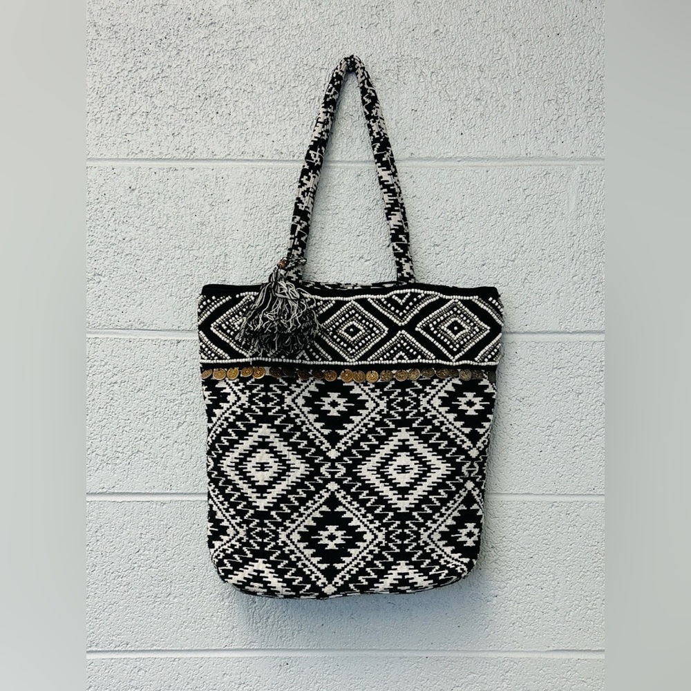 America & Beyond Boho Beaded Tote Bag - Coin Embellished Natural Fiber